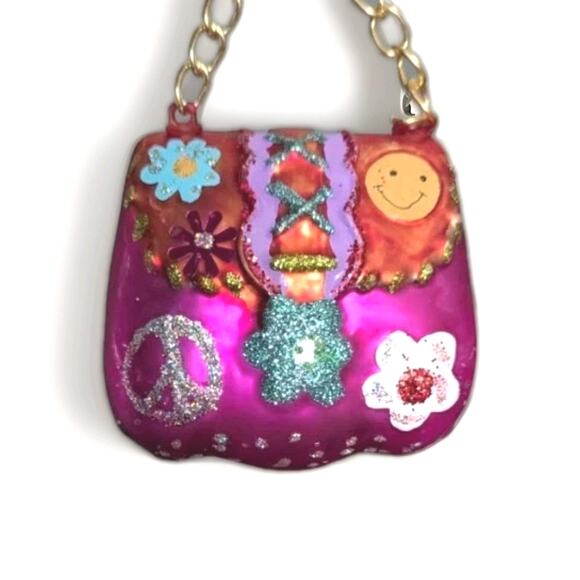 Groovy Handbag Glass Ornament Pink Peace Flower Power Purse 60s Retro Glitter - Picture 1 of 7